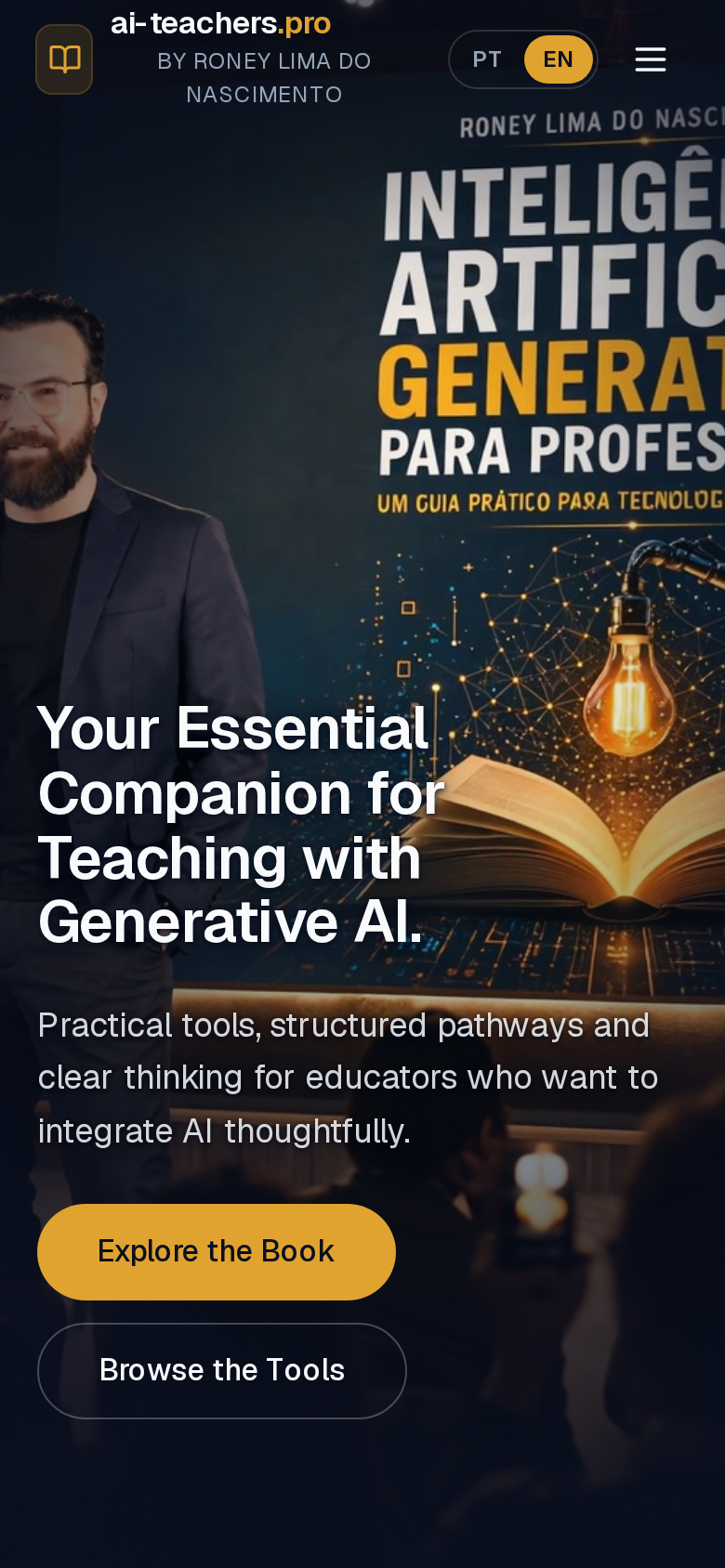 AI Teachers home page on a phone: the headline and two buttons over the book artwork, with the PT and EN language switch in the header.