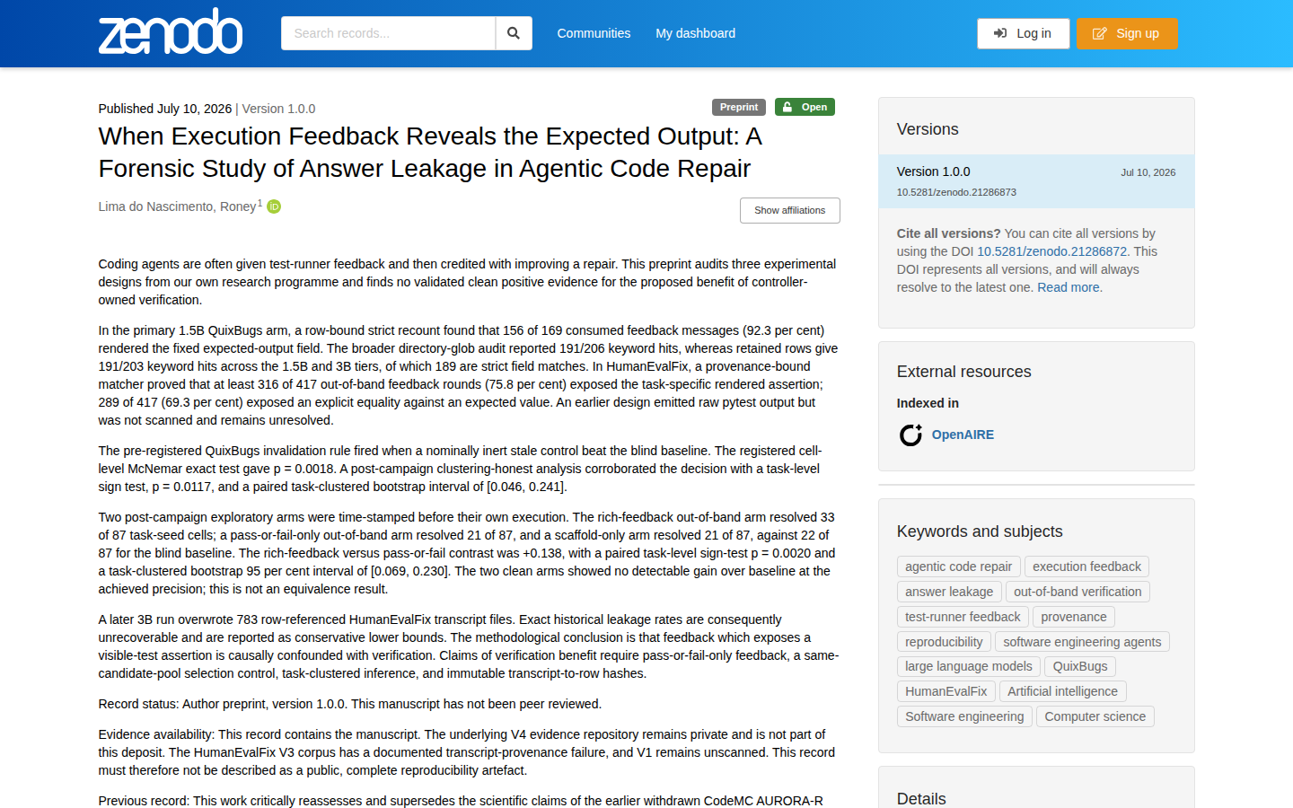 The Zenodo record of the preprint on desktop: the title When Execution Feedback Reveals the Expected Output, the publication date 10 July 2026, version 1.0.0, the open access badge and the abstract with the leakage counts. It shows the work as it is published, with its numbers in the open.