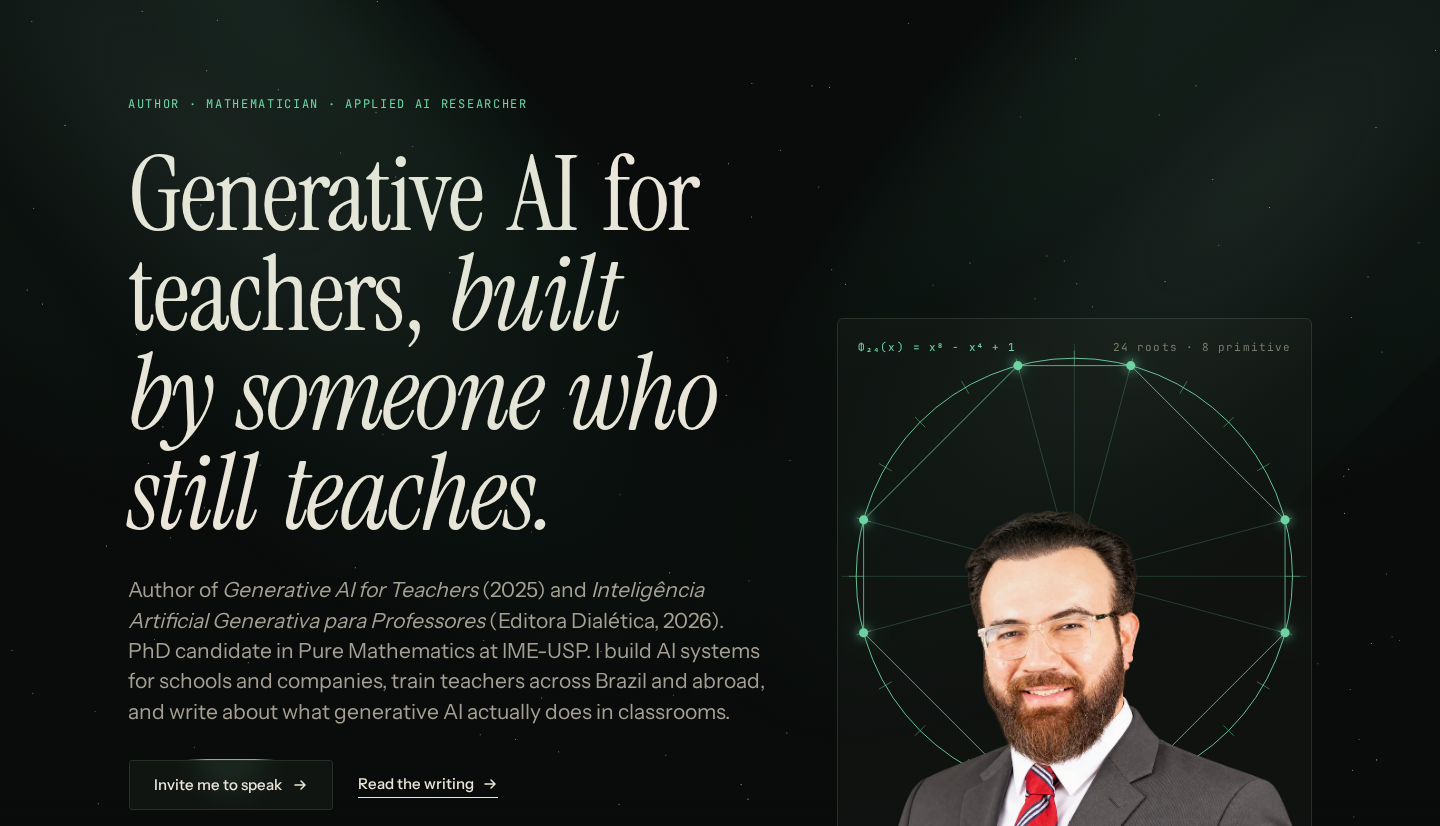 Cropped desktop view of mrnascimento.com: the author positioning line, headline about generative AI for teachers, biography, speaking and writing links, and the founder's portrait.