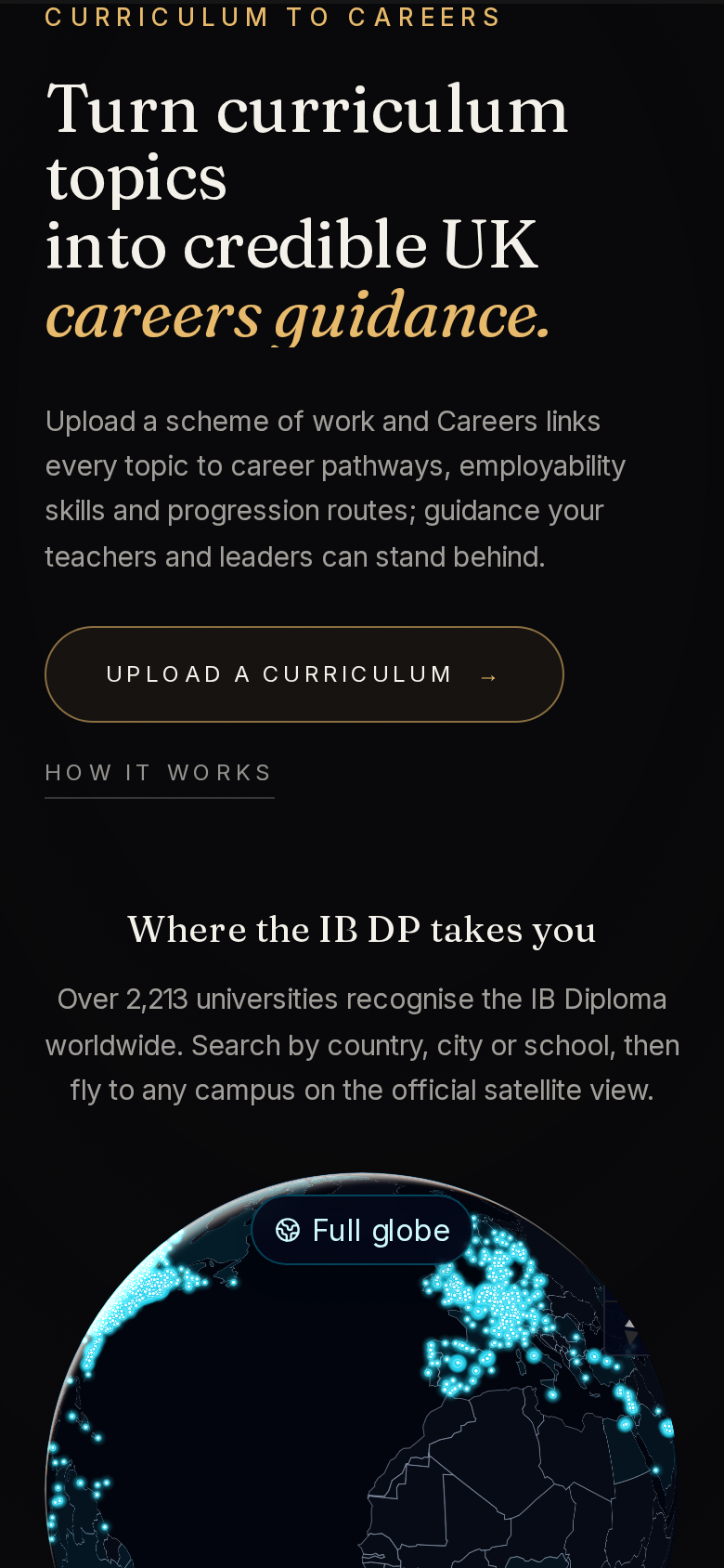 The Careers Studio landing page on a phone: the eyebrow Curriculum to Careers, the headline, the paragraph that promises guidance teachers and leaders can stand behind, the Upload a curriculum button and the top of the IB Diploma globe.