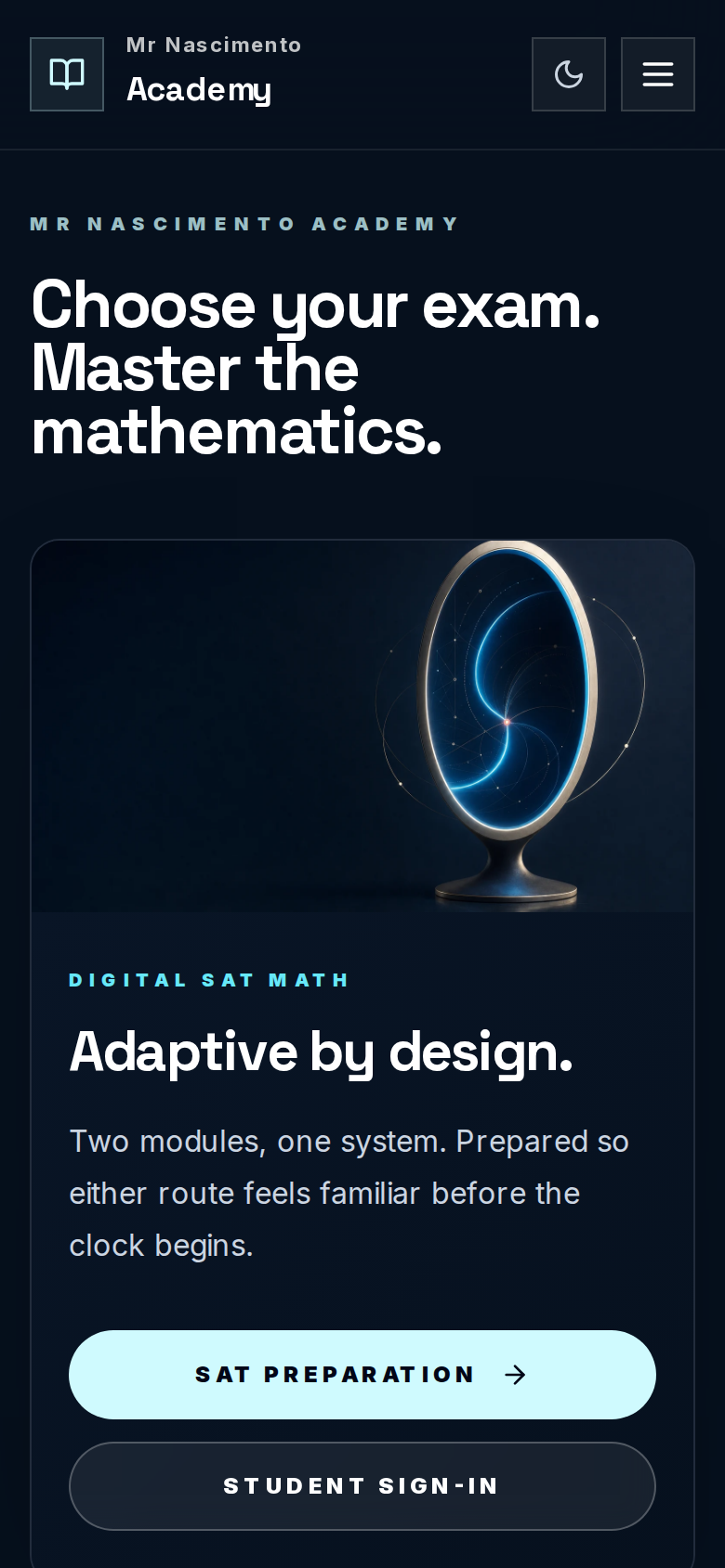 Mr Nascimento Academy no celular: título Choose your exam, Master the mathematics e painel Digital SAT Math com botões de preparação para o SAT e acesso do aluno.