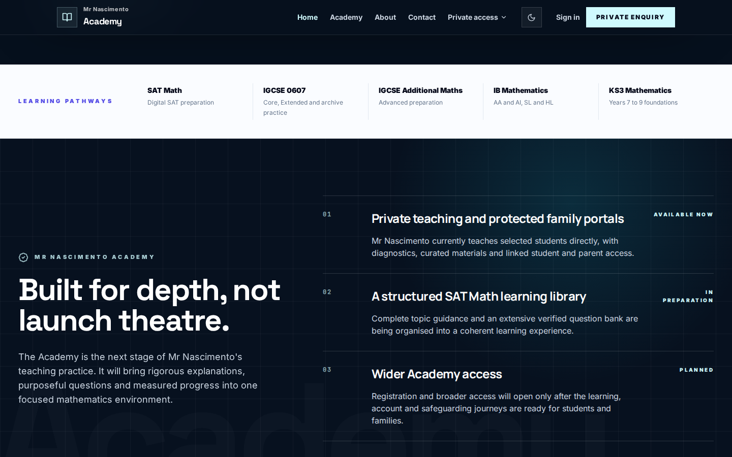 Mr Nascimento Academy: cinco rutas, de SAT Math a KS3, y tres etapas de la Academy identificadas como disponible, en preparación y planificada.