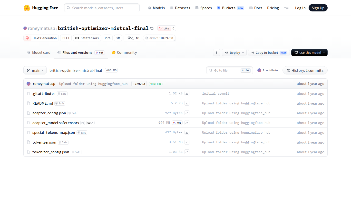 The Files and versions tab of roneymatusp/british-optimizer-mistral-final on Hugging Face at desktop width: the repository name, its tags and the seven files with their sizes, from adapter_config.json at 929 bytes to adapter_model.safetensors at 694 MB.
