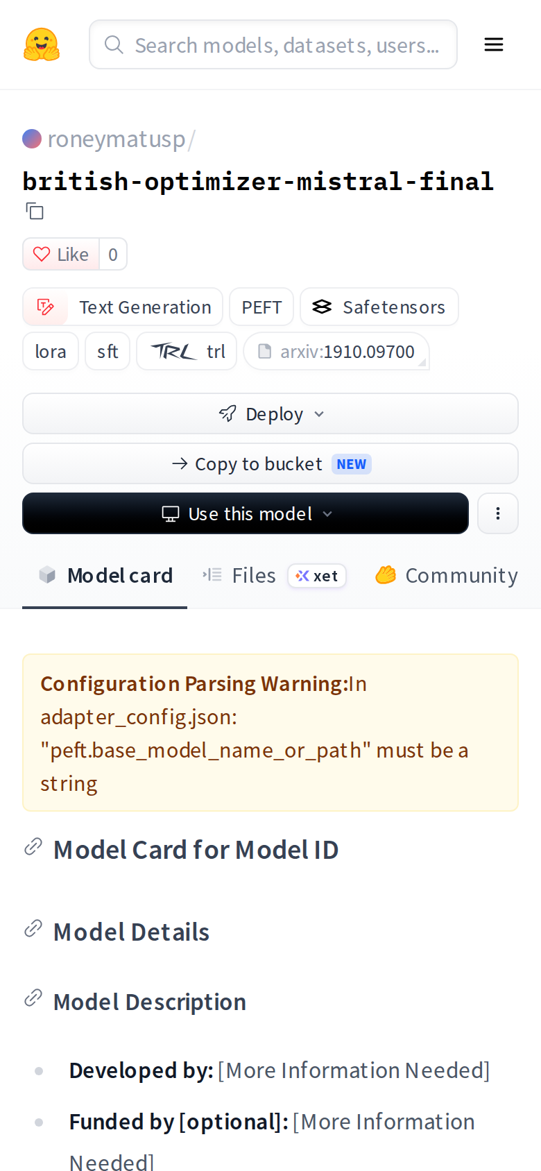 A mesma página do modelo em um celular: o nome do repositório, as tags, as abas Model card, Files e Community, o aviso de leitura da configuração que o Hugging Face mostra para o adaptador e os primeiros campos do card, que dizem More Information Needed.