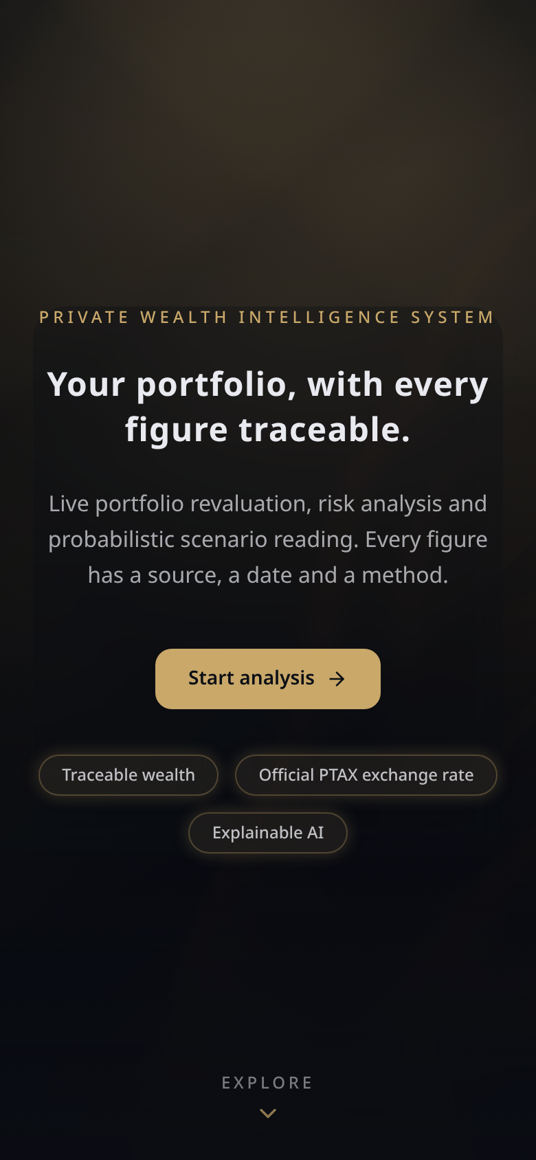 Portfolio Horizon landing page on a phone: the same headline and the three traits wrapped over two rows, showing that the public page reads at phone width.